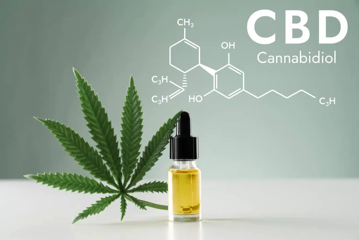 Cannabis Leaf & Tincture next to picture of CBD chemical compound