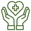 Green Icon of Two Hands Holding a Heart with a Plus Symbol