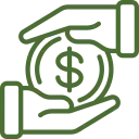 Green Icon of Two Hands Holding a Coin with the Dollar Symbol